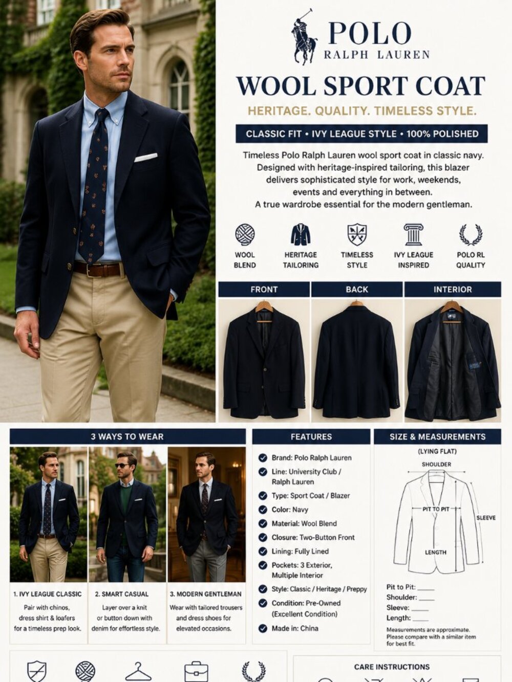 Polo Ralph Lauren Wool Sport Coat Mens Blazer Navy Heritage Preppy Classic 44R